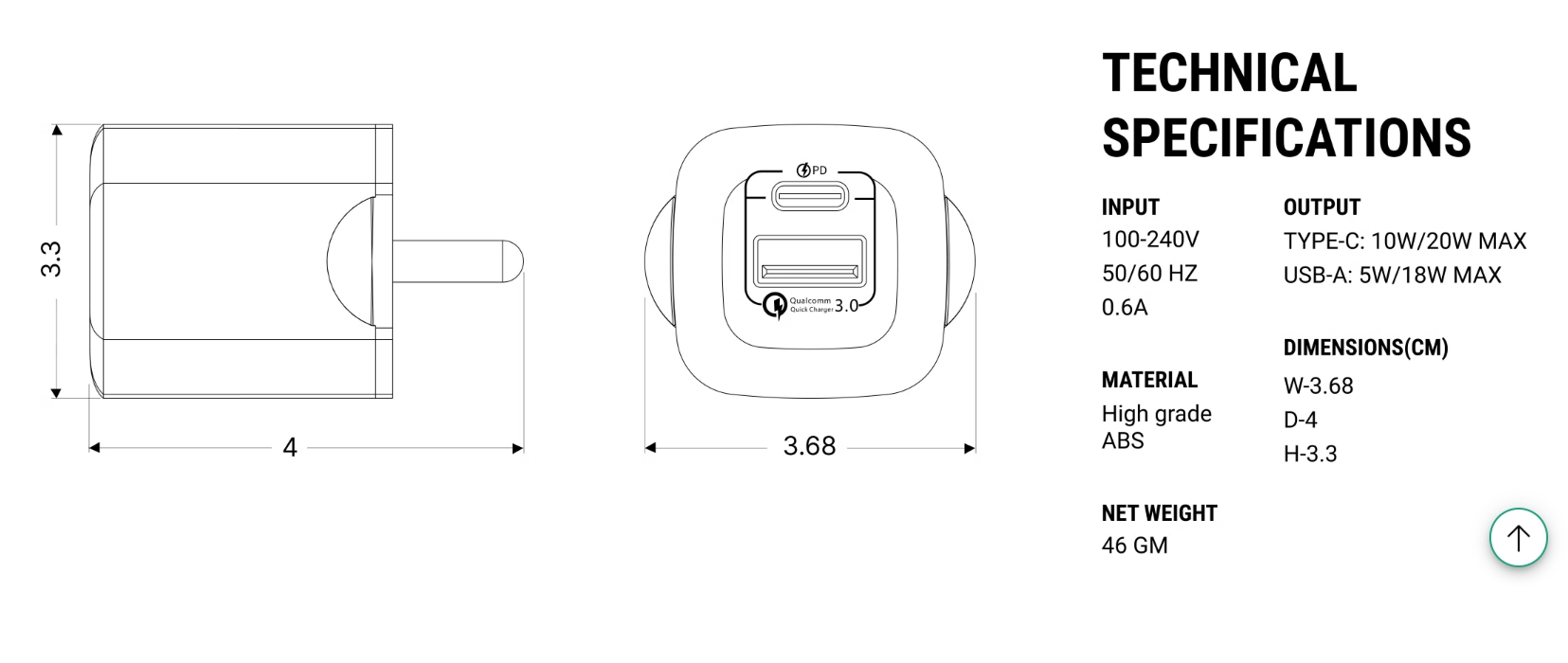 20W charger product specification sheet