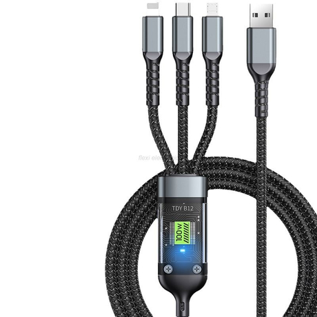Multi 100W Nylon USB 3 i 1 Ladekabel Flexi