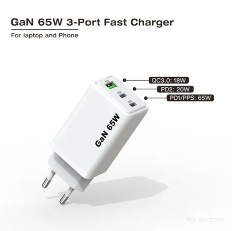 Universal GaN Fast Charger Type C 3 Ports 65W USB C Charger