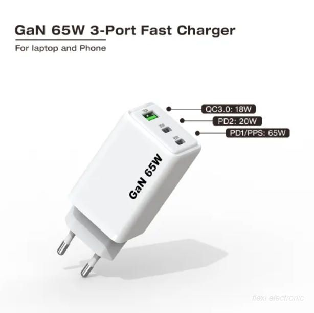 &Icirc;ncărcător rapid universal GaN, tip C, 3 porturi, 65 W, &icirc;ncărcător USB C